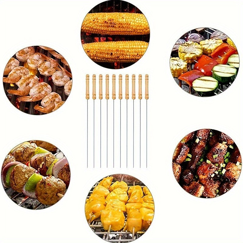 10x Rustfritt Stål BBQ Spyd | Trehåndtak | Grill Tilbehör