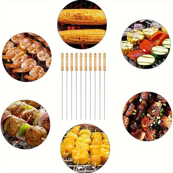 10x Rustfritt Stål BBQ Spyd | Trehåndtak | Grill Tilbehör