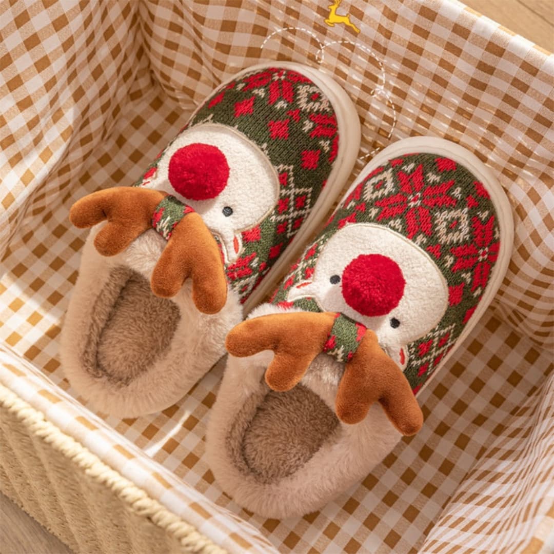 Kvinnens juleplüsch-tofflor med elgmotiv mysiga sklisikre innesko