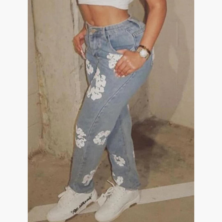 Alicia - Trendig blomstrete jeans med hög midja till dam