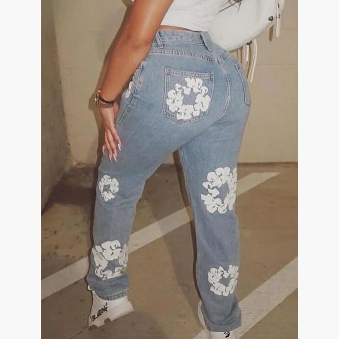 Alicia - Trendig blomstrete jeans med hög midja till dam