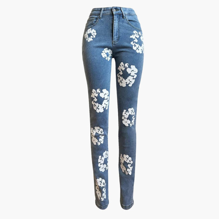 Alicia - Trendig blomstrete jeans med hög midja till dam