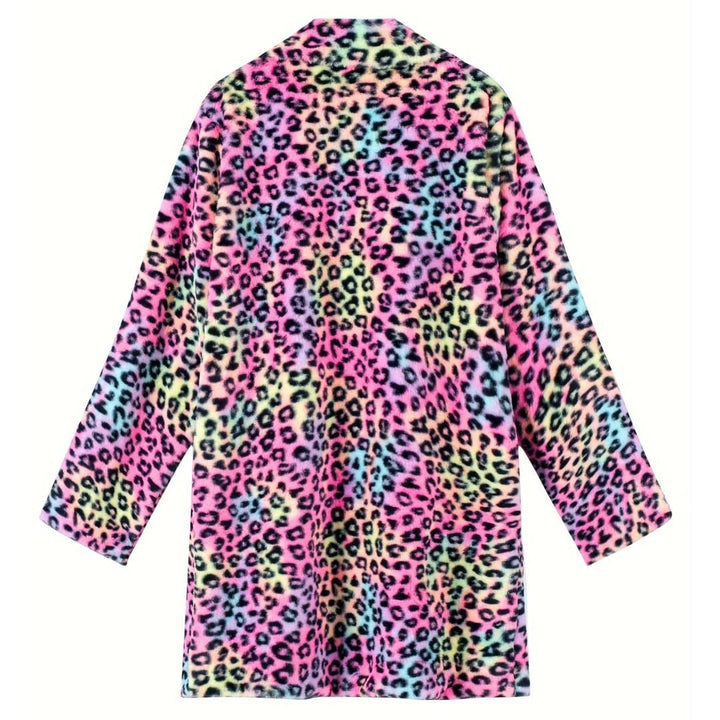 Plus Storlek Leopardmönster Åpen Cardigan Lång Jacka