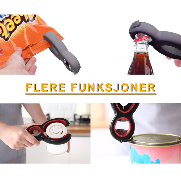 6-i-1 Multifunksjon Flaskeåpner - Rustfritt Stål och TPR