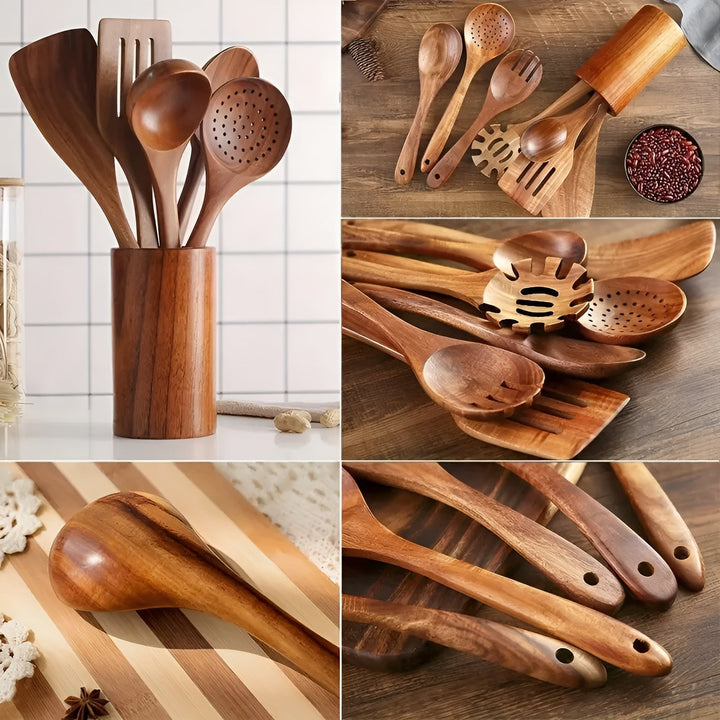 7 Deler Kökredskapssett i Trä - Varmebestandig och Non-stick