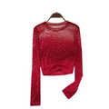 Dam Glittrande Långärmad Crop Topp med Rhinestones