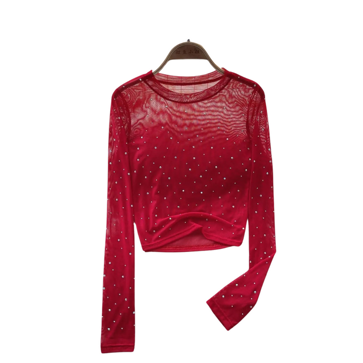 Dam Glittrande Långärmad Crop Topp med Rhinestones