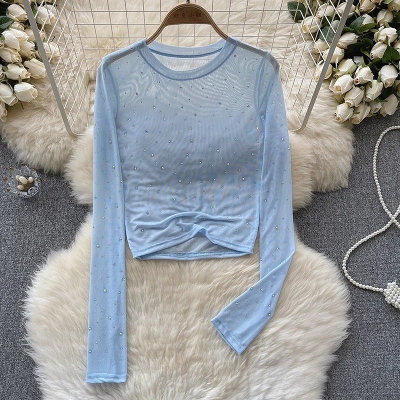 Dam Glittrande Långärmad Crop Topp med Rhinestones