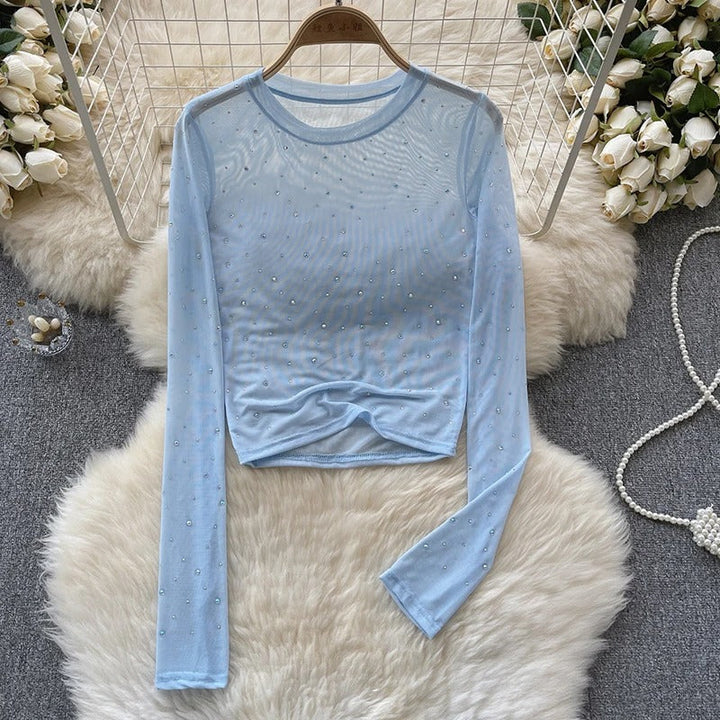Dam Glittrande Långärmad Crop Topp med Rhinestones