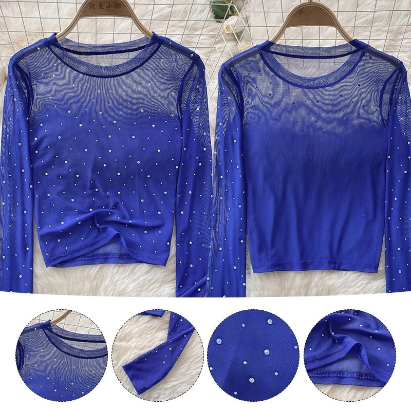 Dam Glittrande Långärmad Crop Topp med Rhinestones