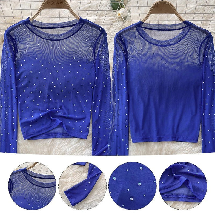 Dam Glittrande Långärmad Crop Topp med Rhinestones