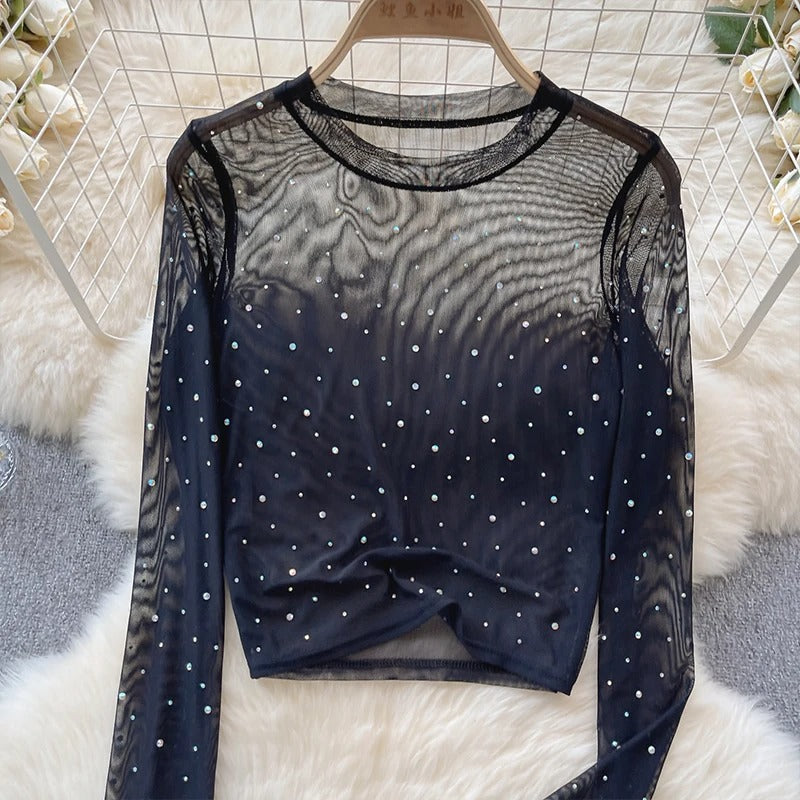 Dam Glittrande Långärmad Crop Topp med Rhinestones