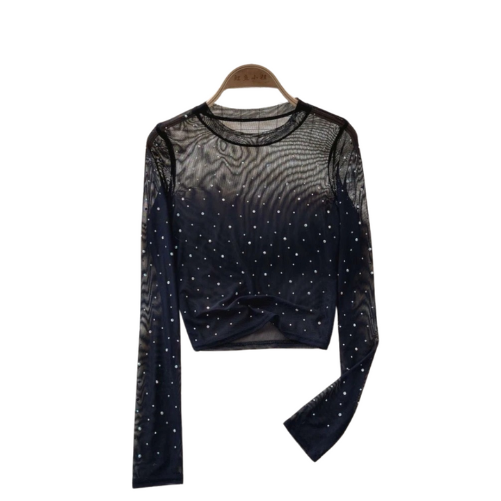 Dam Glittrande Långärmad Crop Topp med Rhinestones