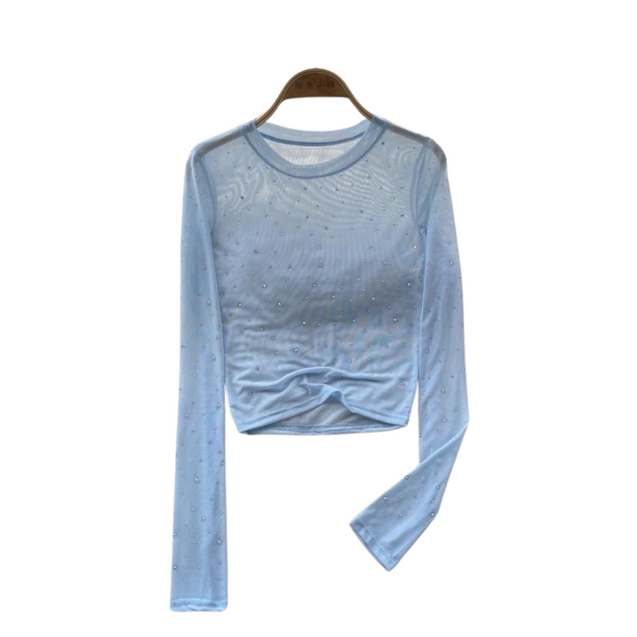 Dam Glittrande Långärmad Crop Topp med Rhinestones