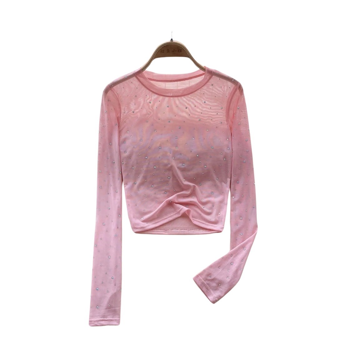 Dam Glittrande Långärmad Crop Topp med Rhinestones