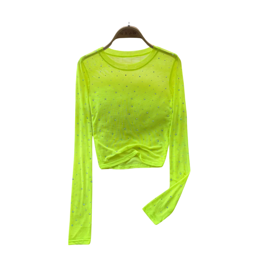 Dam Glittrande Långärmad Crop Topp med Rhinestones
