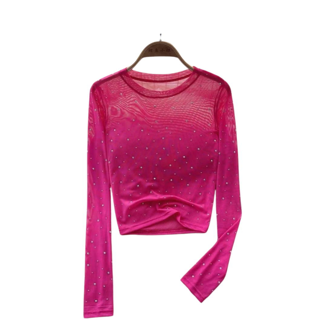 Dam Glittrande Långärmad Crop Topp med Rhinestones