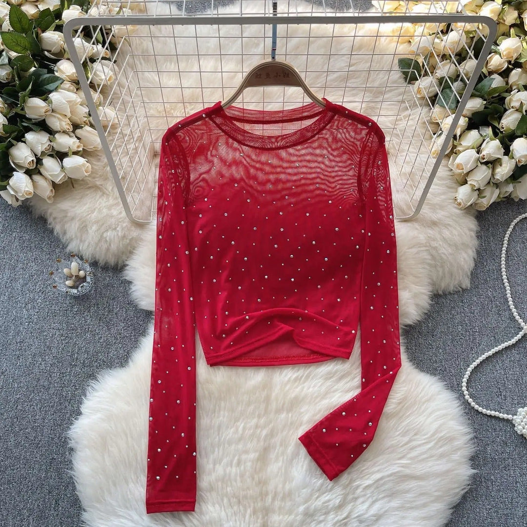 Dam Glittrande Långärmad Crop Topp med Rhinestones