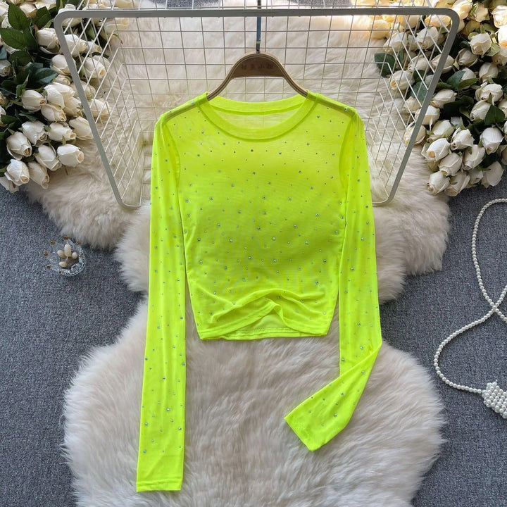 Dam Glittrande Långärmad Crop Topp med Rhinestones