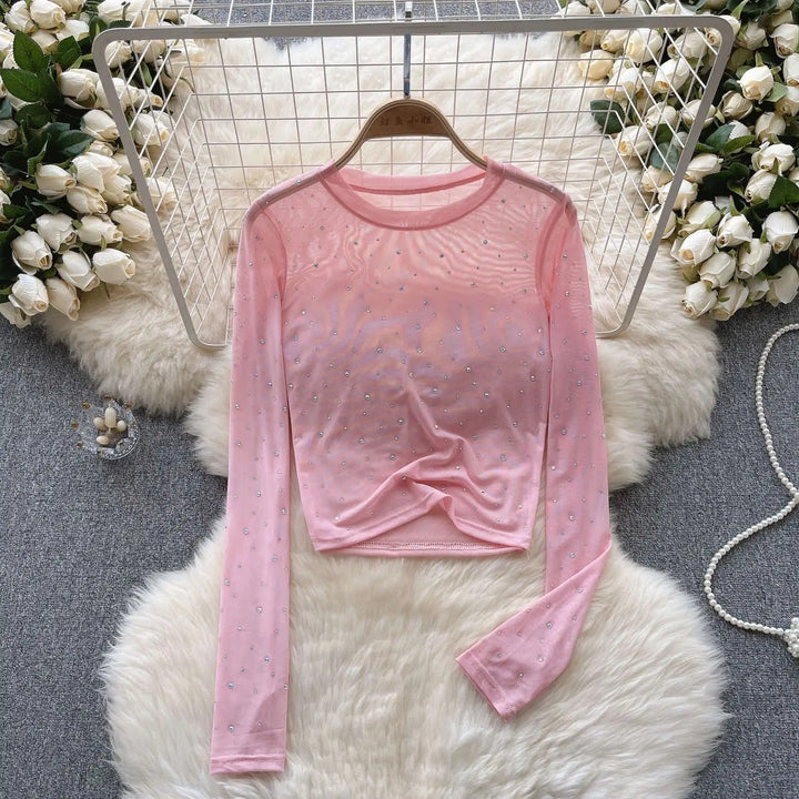 Dam Glittrande Långärmad Crop Topp med Rhinestones