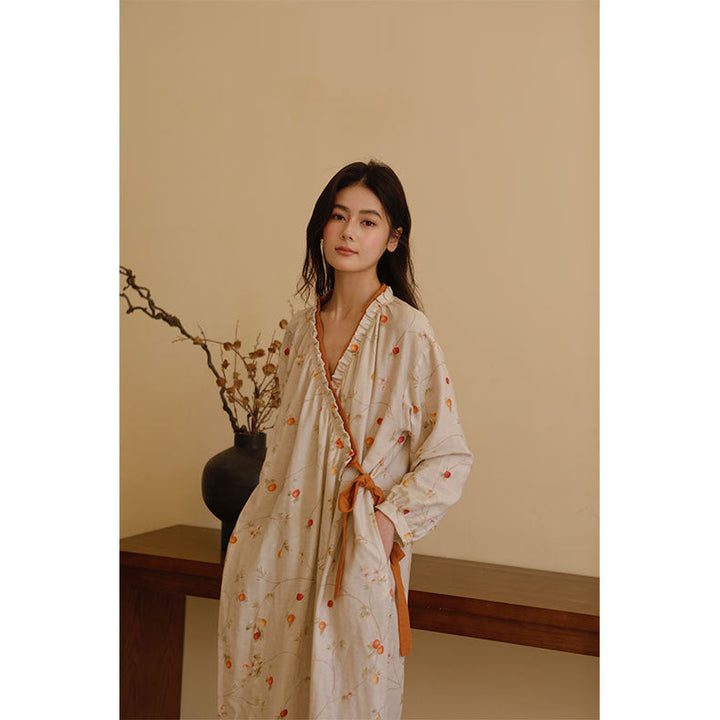 Dam Kimono Nattklänning Blommönster med Volanger