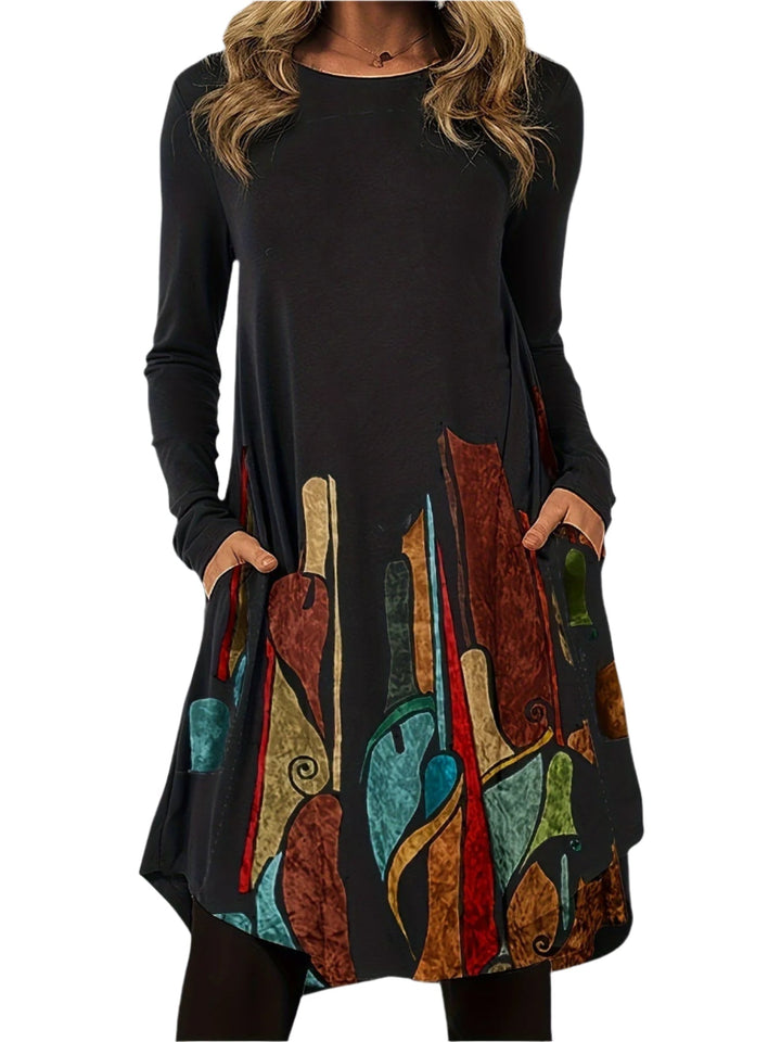 Dam Midi Klänning med Smickrande Design och Kunstneriske Mönstre