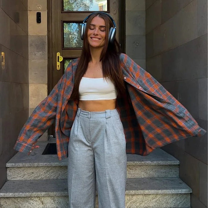 Dam Oversized Rutig Skjorta – Långärmad för Komfort