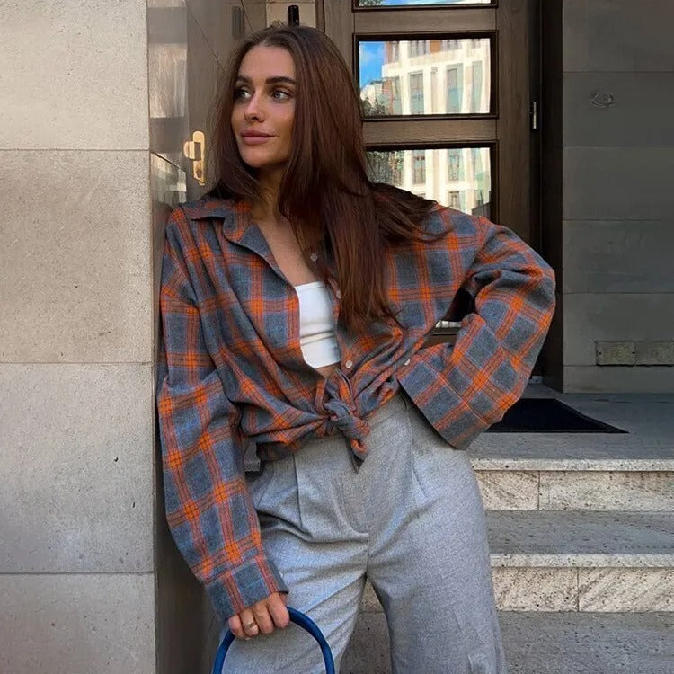 Dam Oversized Rutig Skjorta – Långärmad för Komfort