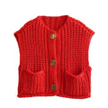 Dam Strikkevest med Metallknapper – Elegant Komfort & Stil