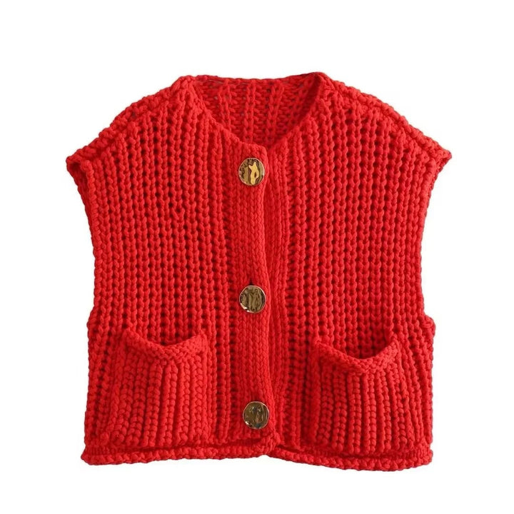 Dam Strikkevest med Metallknapper – Elegant Komfort &amp; Stil