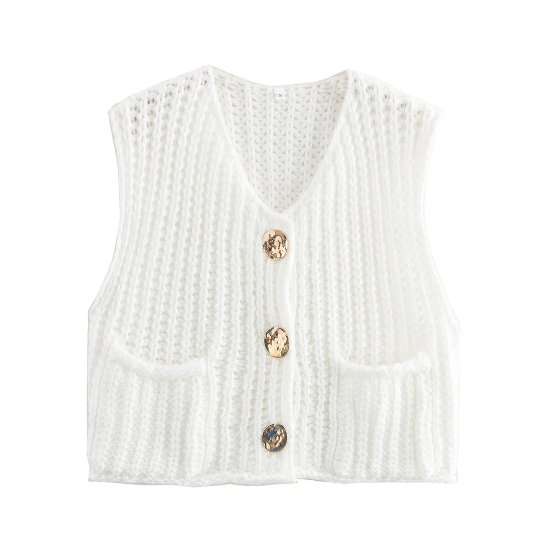 Dam Strikkevest med Metallknapper – Elegant Komfort &amp; Stil