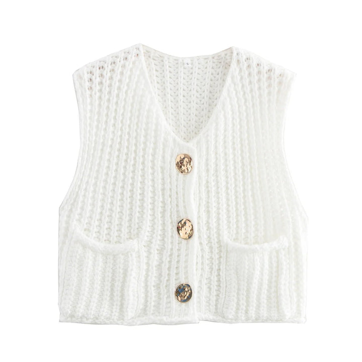 Dam Strikkevest med Metallknapper – Elegant Komfort &amp; Stil