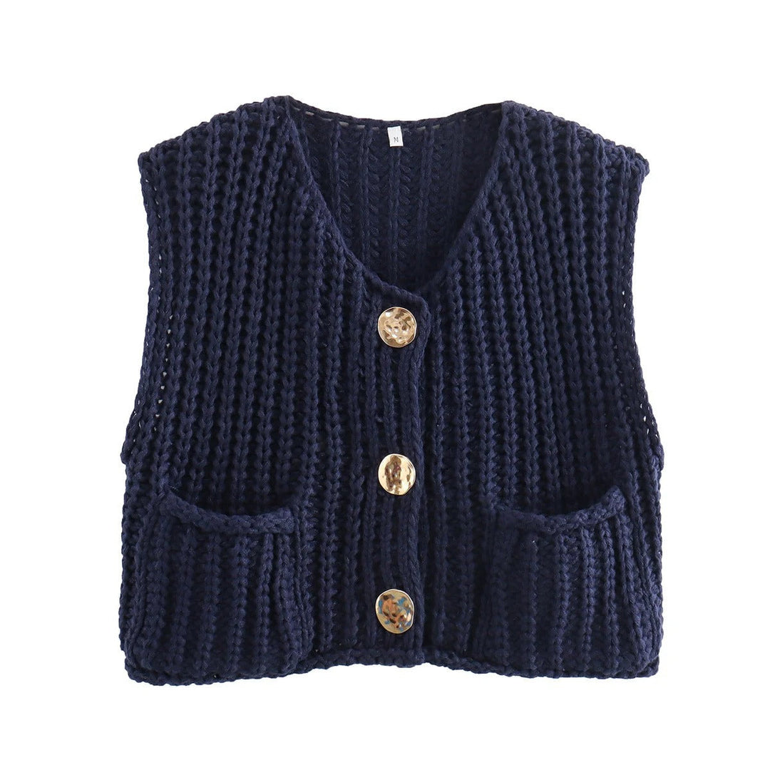 Dam Strikkevest med Metallknapper – Elegant Komfort &amp; Stil