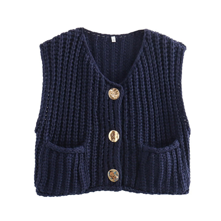 Dam Strikkevest med Metallknapper – Elegant Komfort &amp; Stil