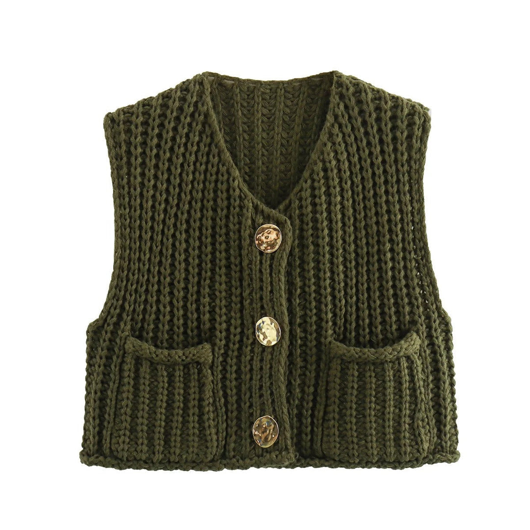 Dam Strikkevest med Metallknapper – Elegant Komfort &amp; Stil