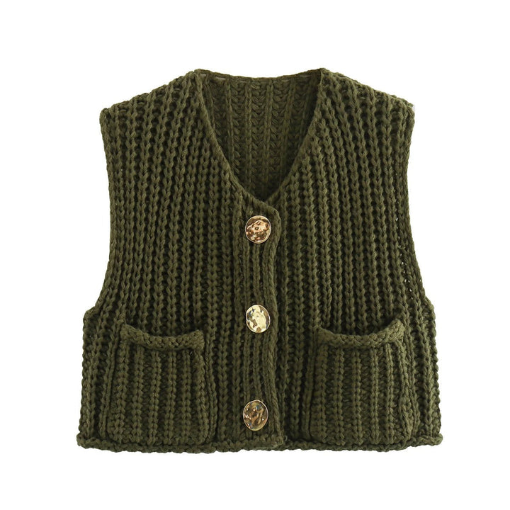 Dam Strikkevest med Metallknapper – Elegant Komfort &amp; Stil