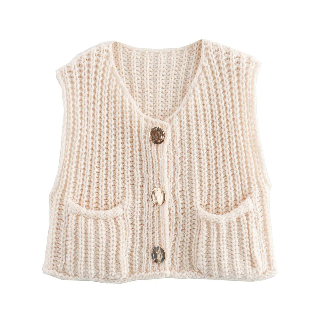 Dam Strikkevest med Metallknapper – Elegant Komfort &amp; Stil