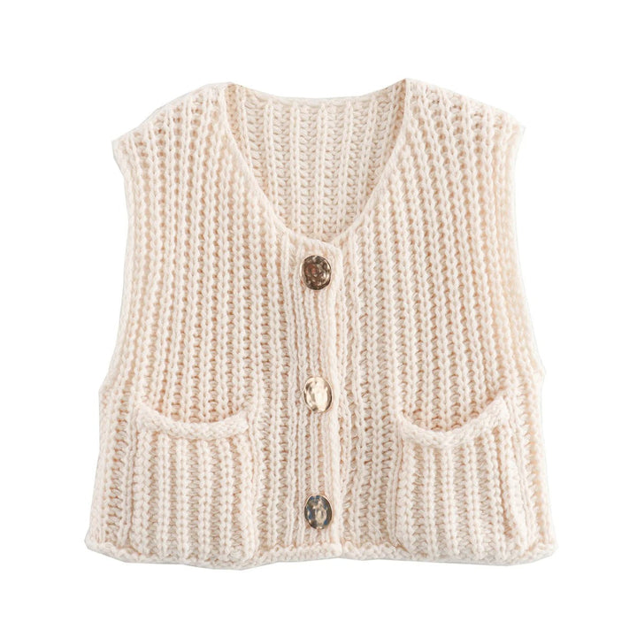 Dam Strikkevest med Metallknapper – Elegant Komfort &amp; Stil
