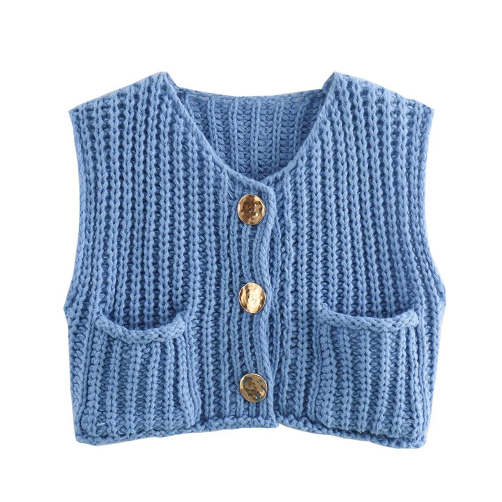 Dam Strikkevest med Metallknapper – Elegant Komfort &amp; Stil