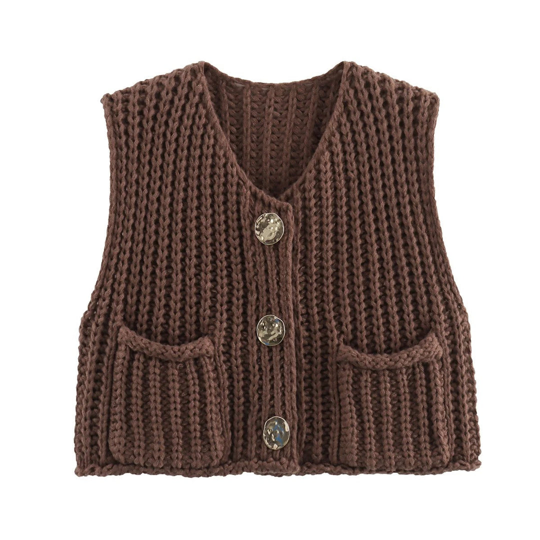 Dam Strikkevest med Metallknapper – Elegant Komfort &amp; Stil