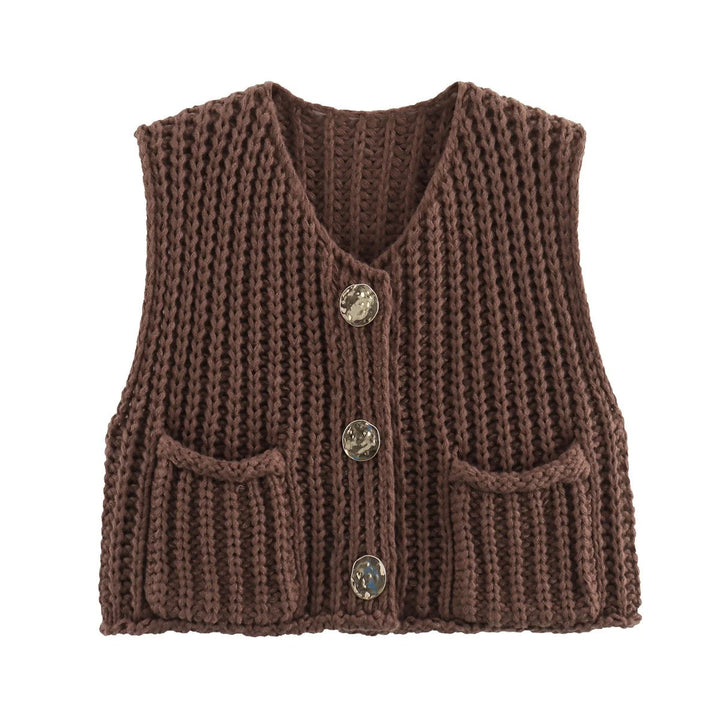 Dam Strikkevest med Metallknapper – Elegant Komfort &amp; Stil