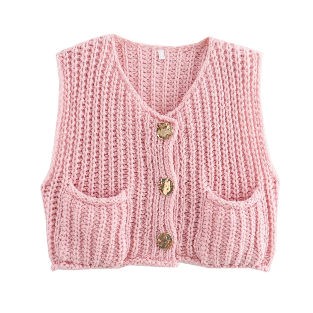 Dam Strikkevest med Metallknapper – Elegant Komfort &amp; Stil