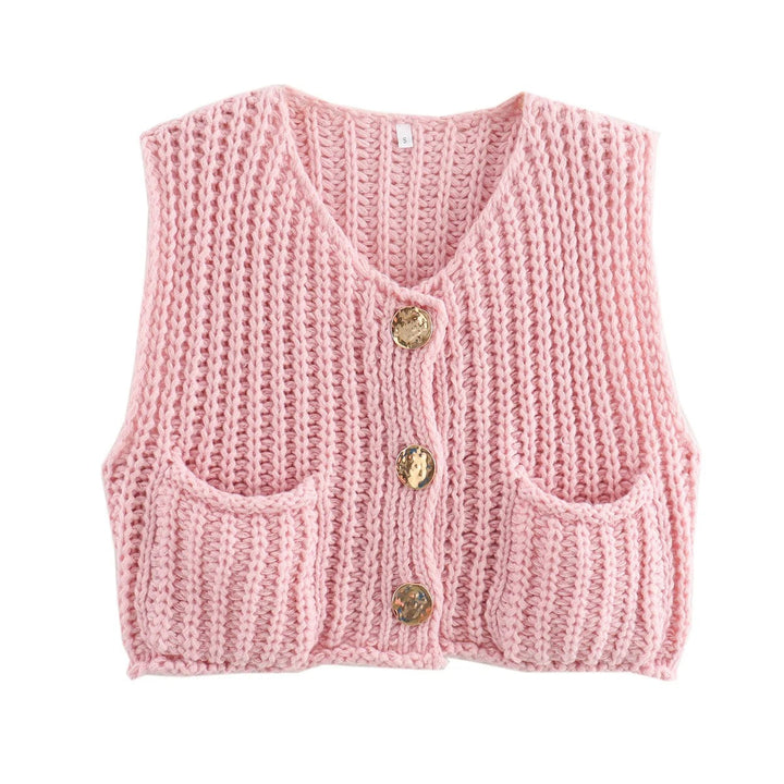 Dam Strikkevest med Metallknapper – Elegant Komfort &amp; Stil
