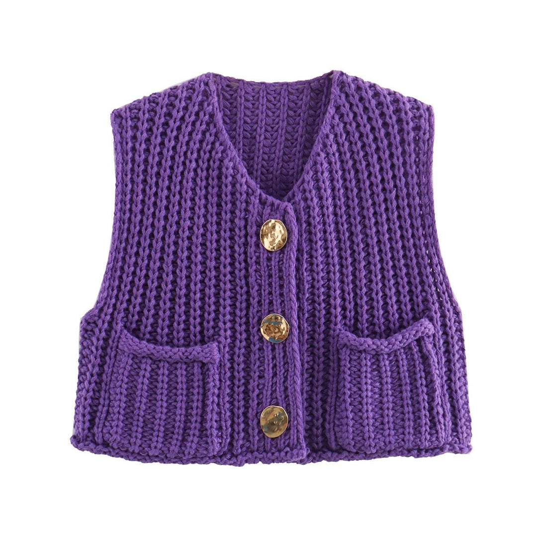 Dam Strikkevest med Metallknapper – Elegant Komfort &amp; Stil