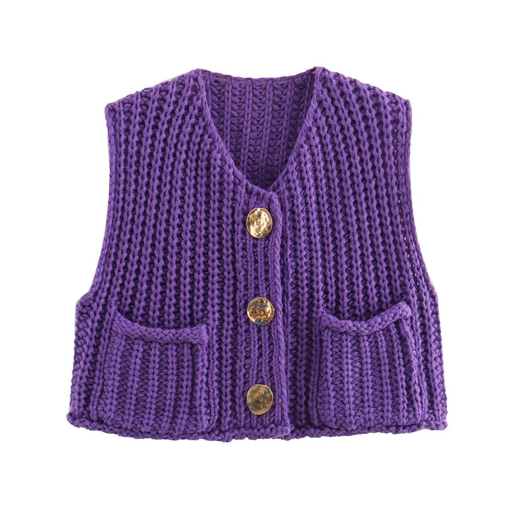 Dam Strikkevest med Metallknapper – Elegant Komfort &amp; Stil