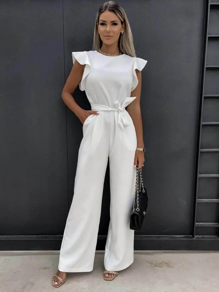 Dam Jumpsuit med Volanger och Vida Ben för Elegant Stil
