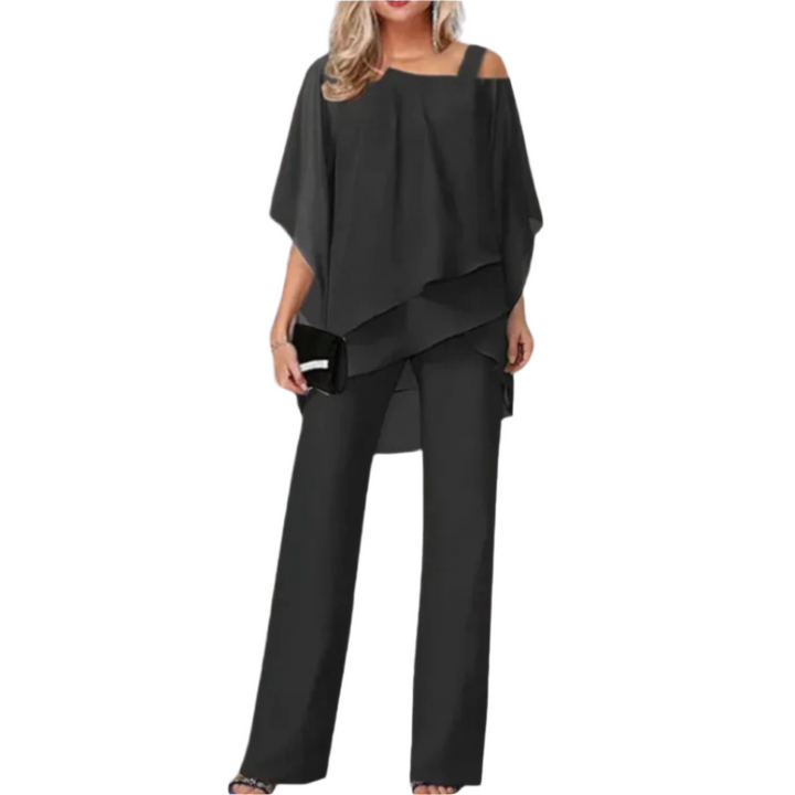 Elegant Kvinna Ensemble med Asymmetrisk Topp &amp; Bred Byxa