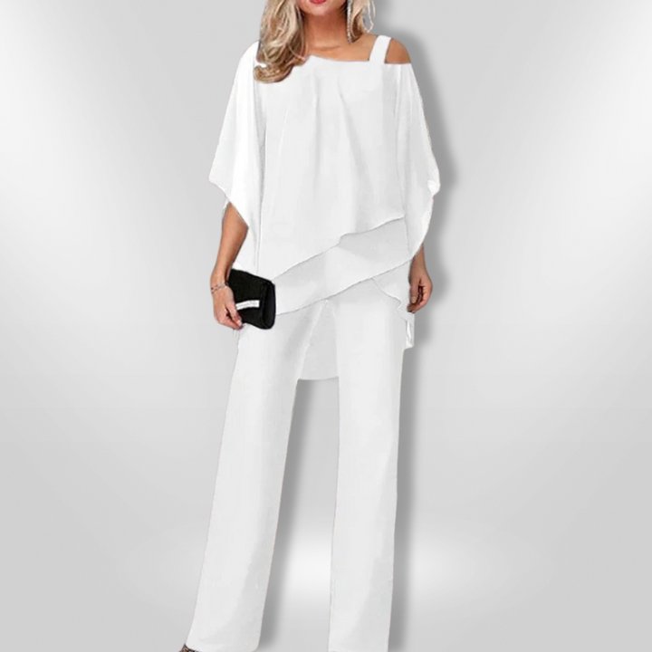 Elegant Kvinna Ensemble med Asymmetrisk Topp &amp; Bred Byxa