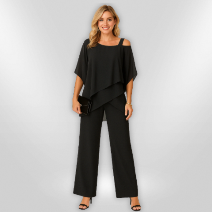 Elegant Kvinna Ensemble med Asymmetrisk Topp &amp; Bred Byxa