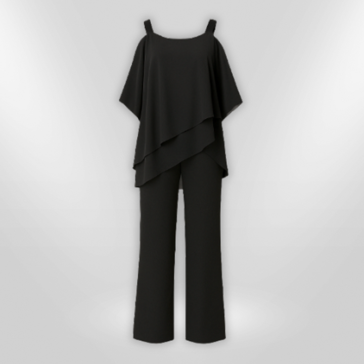 Elegant Kvinna Ensemble med Asymmetrisk Topp &amp; Bred Byxa